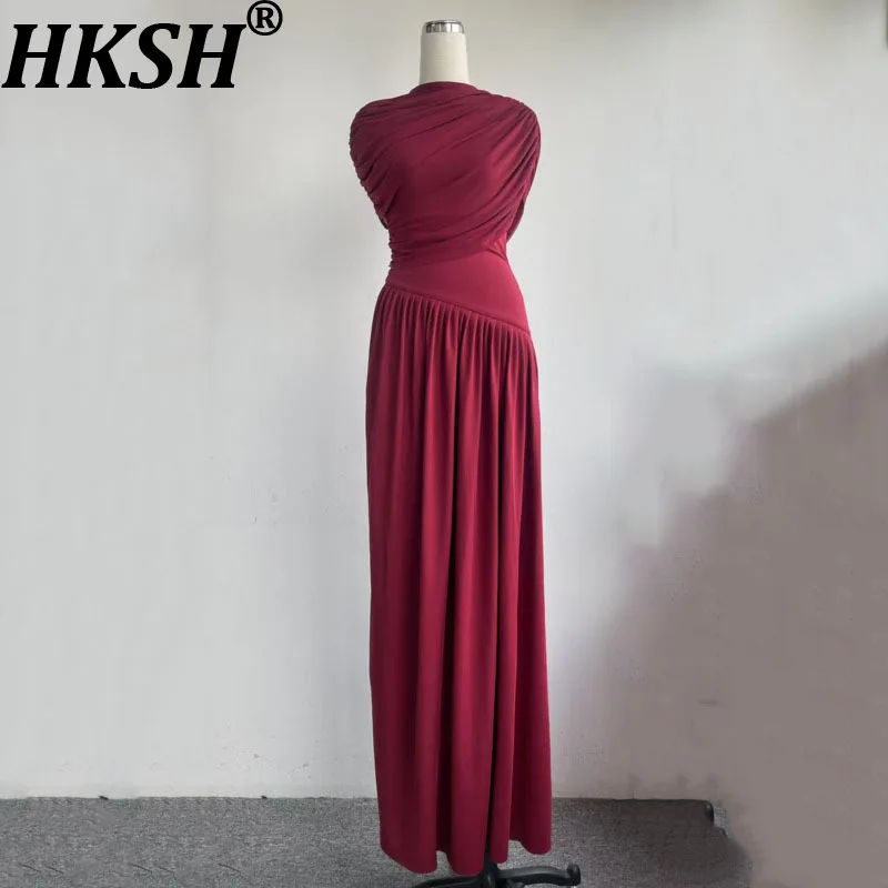 HKSH صيف خريف جديد إمرأة متخصص تصميم أنيق فستان منعش عصري الخصر مقصوص التخسيس مطوي تقسم فساتين شبكية HK9451