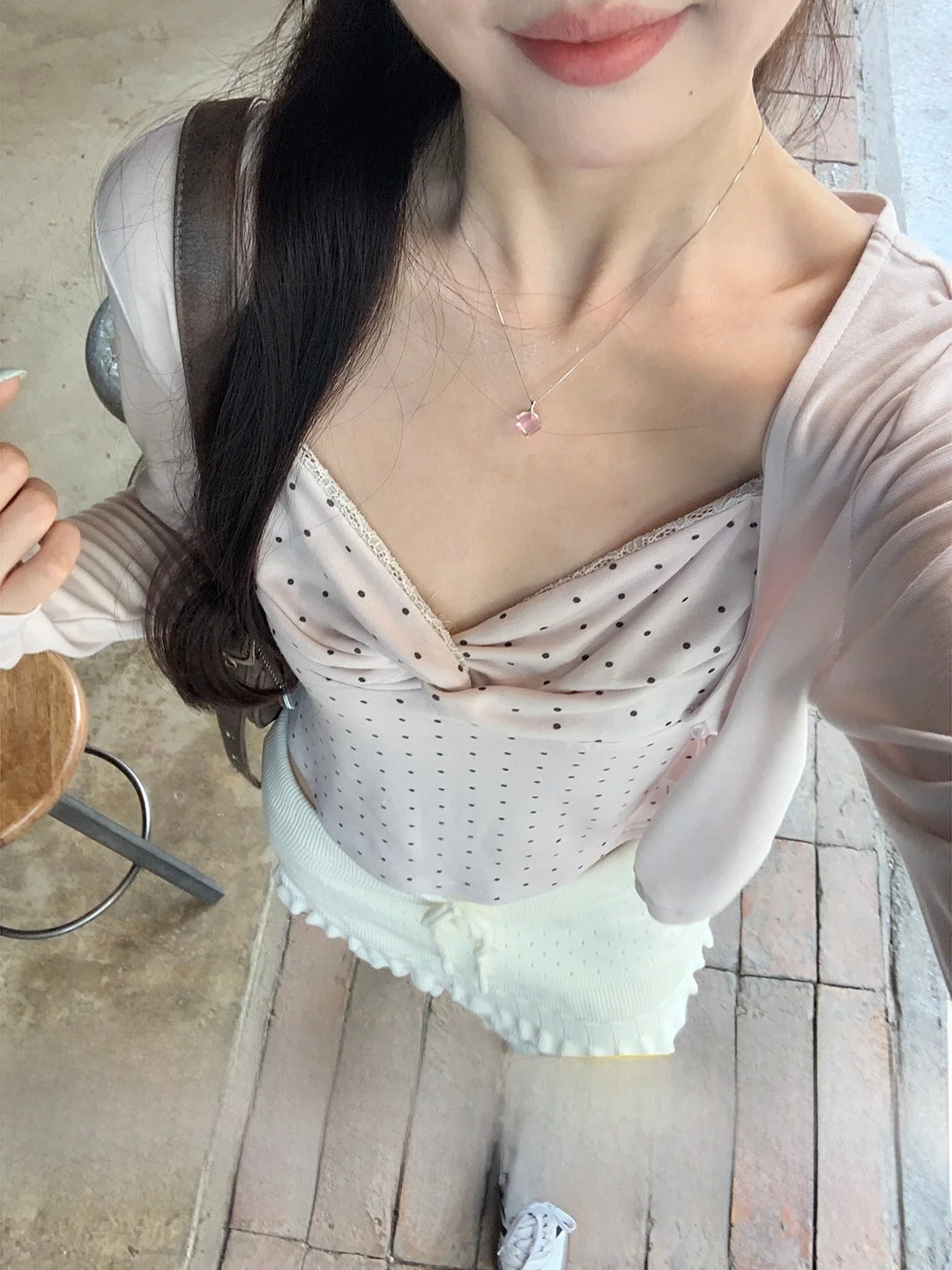 

Land Xiao Tu Dan Dot Halter Neck Open Cardigan Two Piece Set Korean Style Gentle Elegant Slimming Pure Desire Sweet Top for W...