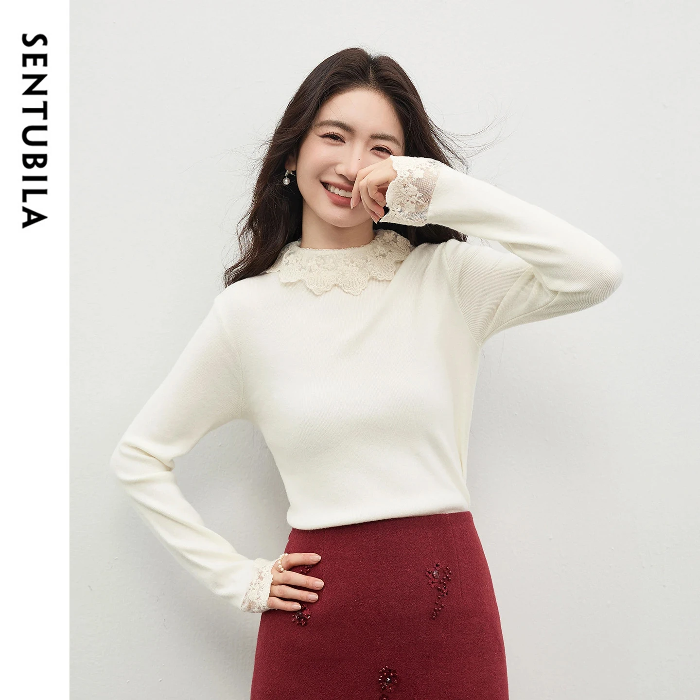 

SENTUBILA Slim Pullover for Women 2025 Winter Splicing Lace Half High Neck Knitted Sweater Elegant Long Sleeve Top W54EG6025
