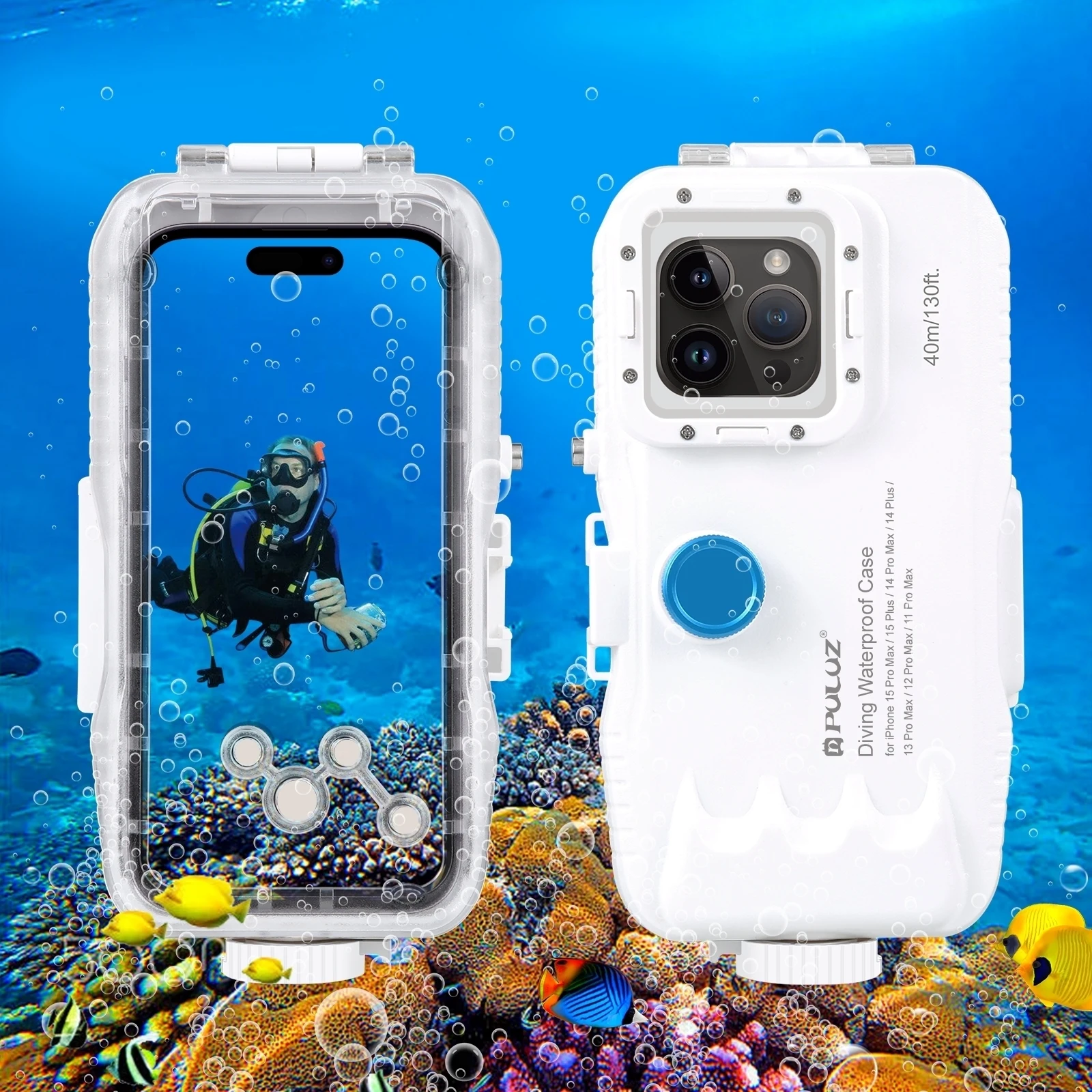 

PULUZ 40m/130ft Waterproof Diving Case for iPhone 15 14 13 12 11 Pro Max Plus Photo Video Taking Underwater Housing Cover