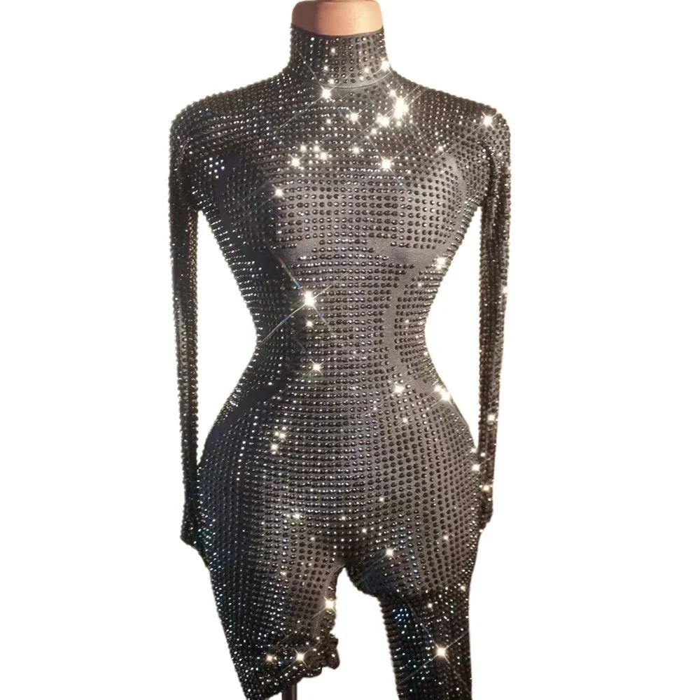 Sparkly Full Rhinestones Jumpsuit Long Sleeve Women Sexy Stretchy Performance Dance Costume Nightclub Rompers Show Stage Wear