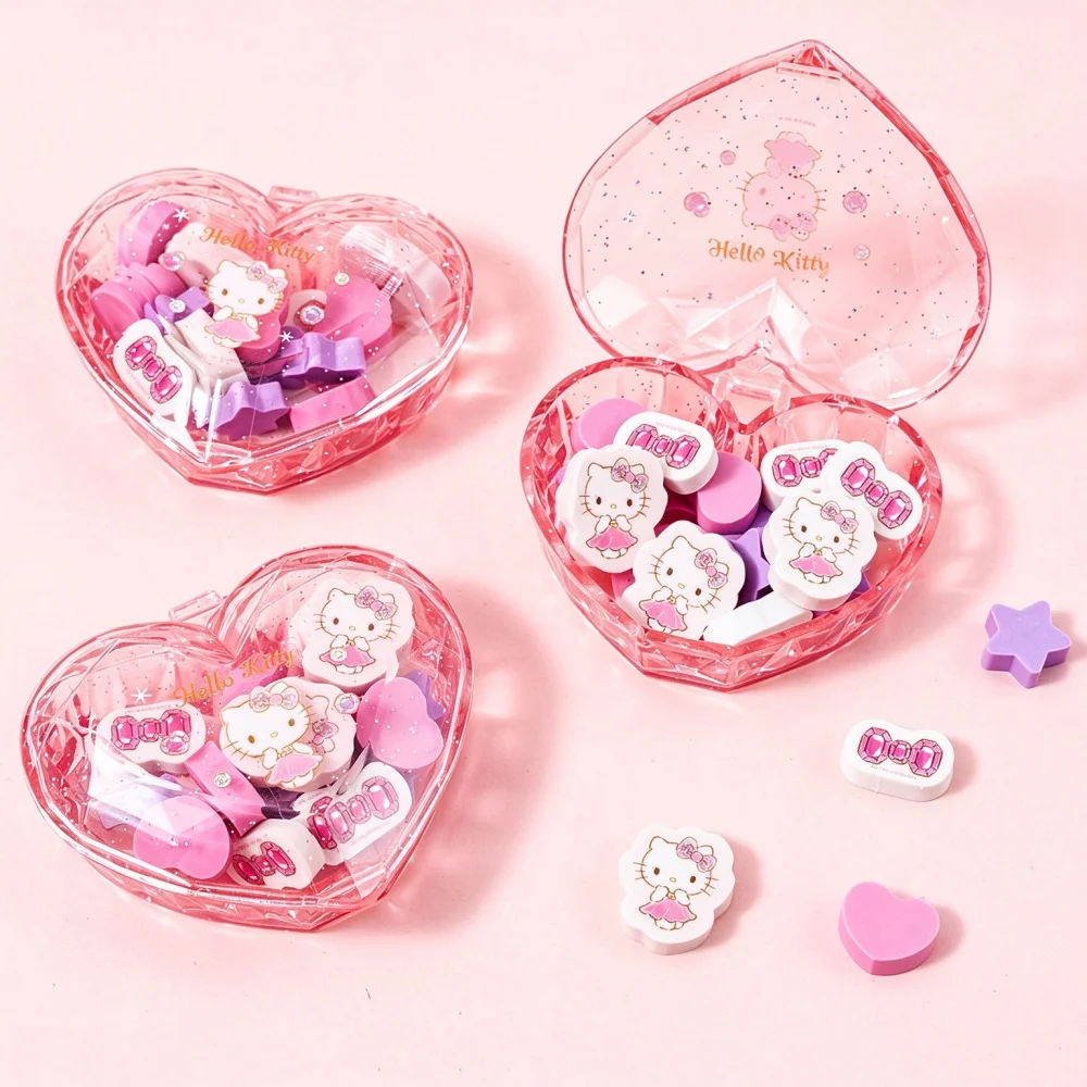 Genuine Hello Kitty Heart Storage Box 17Pcs Filled Erasers Kit Sanrio Portable Stationery Eraser For Writing Journal Drawings