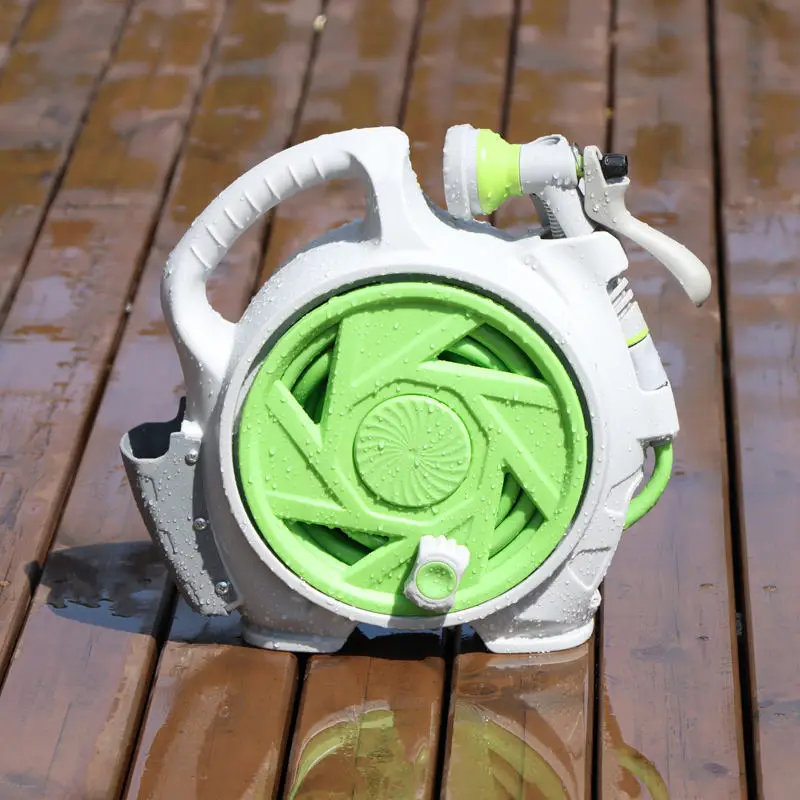 46FT Pro Garden Hose Reel 7 Pattern Nozzle Adjustable Wall Mount Precision Length Lock Water Saving Design for Lawn Bed Cleaning