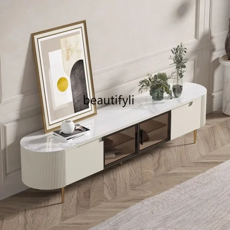 

French Entry Lux Cream Style White TV Cabinet Small Apartment Living Room Stone Plate TV Cabinet and Tea Table Combination