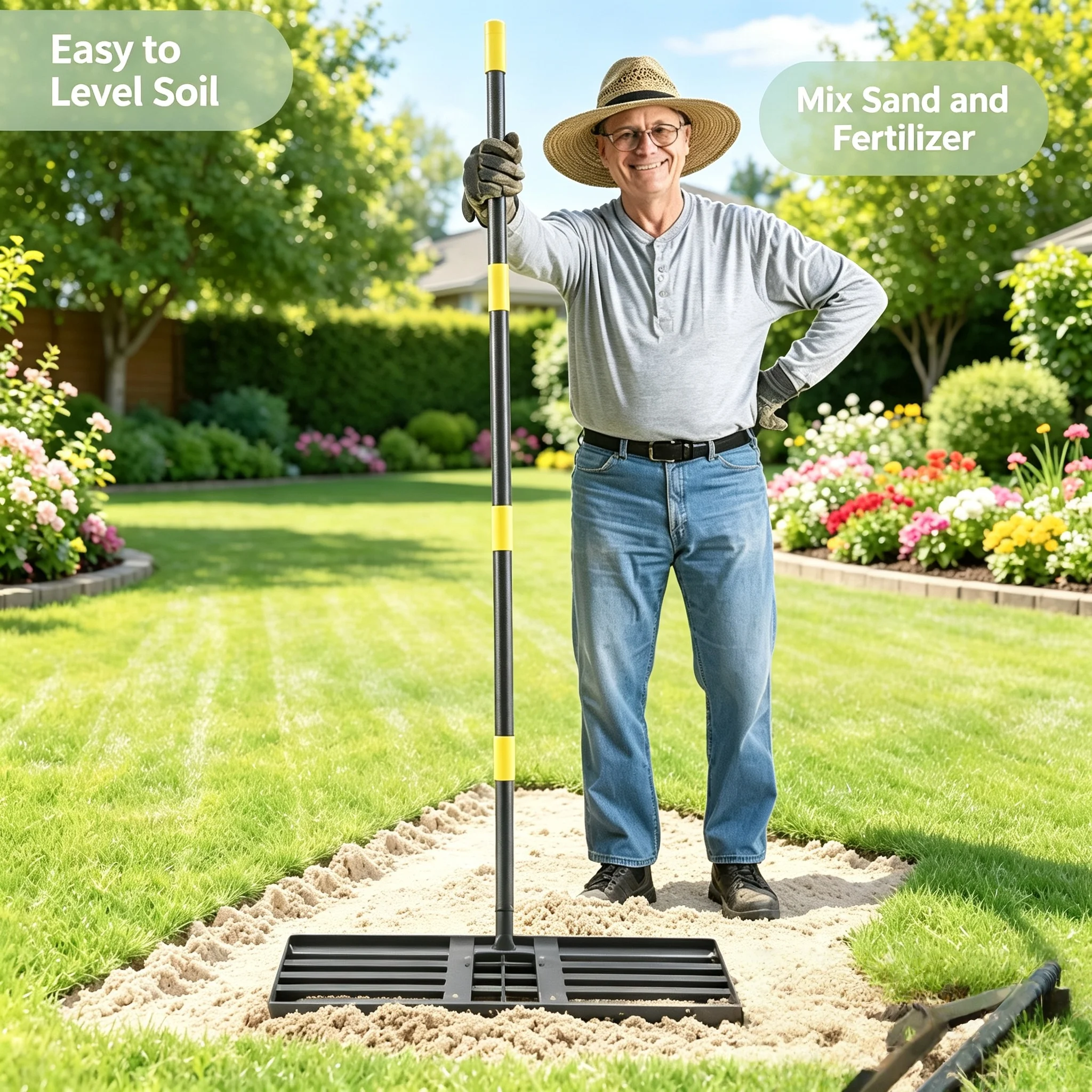 Multifunctional Lawn Finishing Tool Stainless Steel Sand Leveler, Detachable Lawn Leveling Rake for Grass Land Flatting
