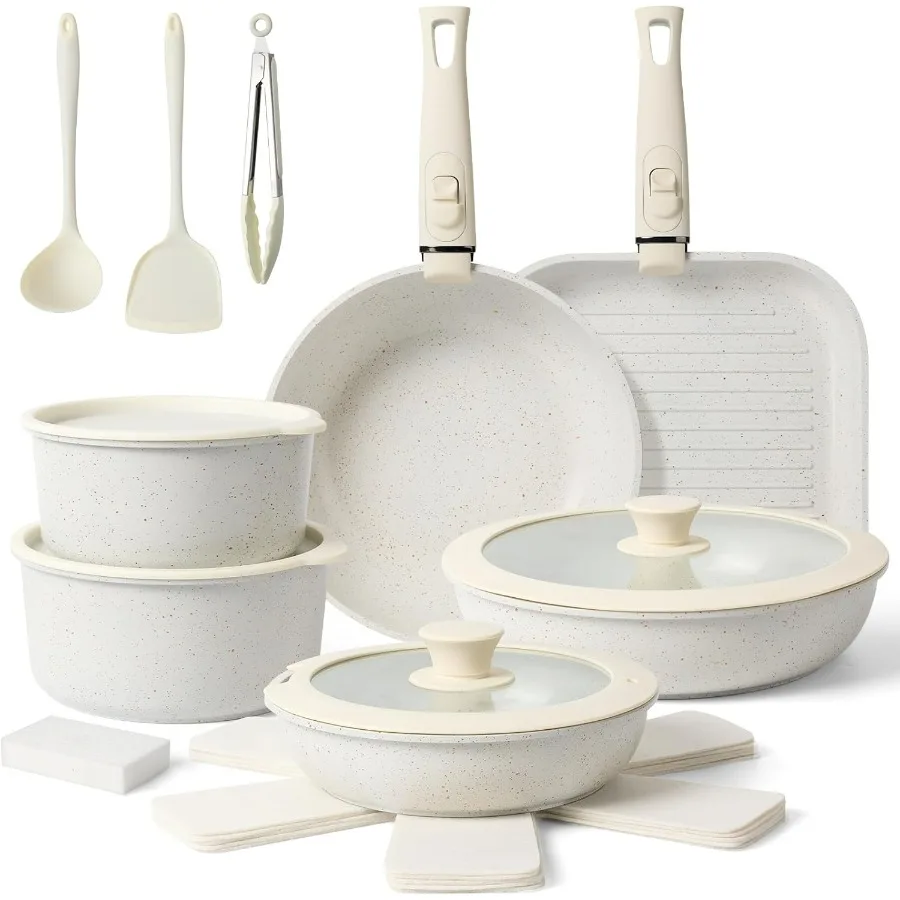 

20 Pcs NonStick Ceramic Cookware Set with Detachable Handles for RV Kitchen Use Removable Handles for Easy Storage Oven Safe an
