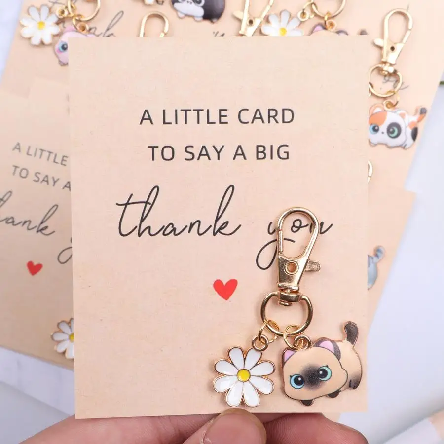 1/5/10/20/50/100pcs s/s Cute and Charming Kitten and Daisy Design Party Keychain Set, Thank You Themed Pocket Hug Cards, Pocket