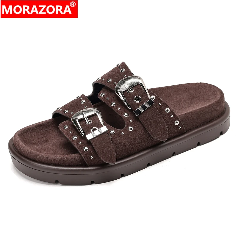 

MORAZORA 2027 New Cow Suede Leather Women Slippers Fashion Slides Handmade Ladies Mules Female Shoes Buckle Casual Shoes