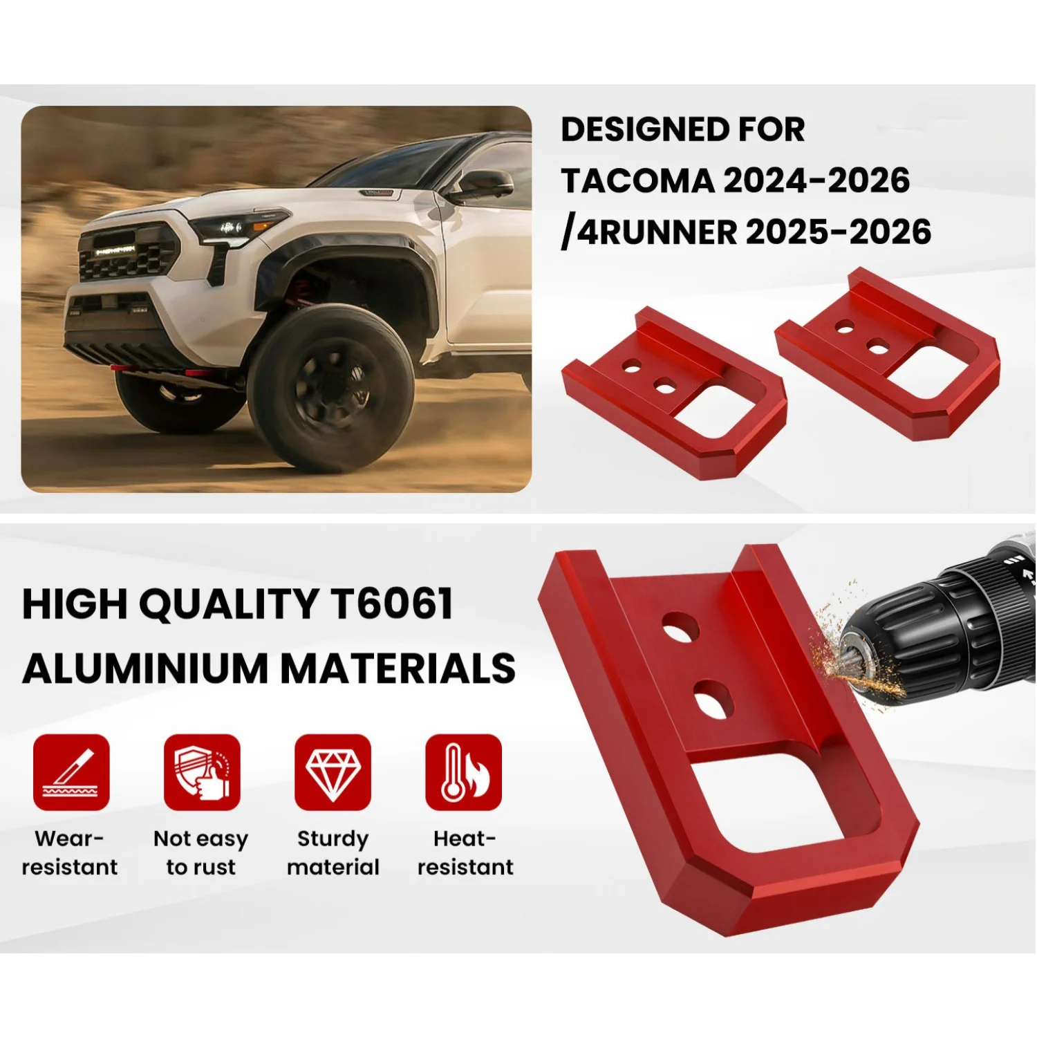 DY1653 خطاف سحب السيارة 2 حزمة أحمر 5000-6000 رطل سعة تحميل 13.31 × 8.41 سم معدن لـ 2024-2026 تويوتا تاكوما و