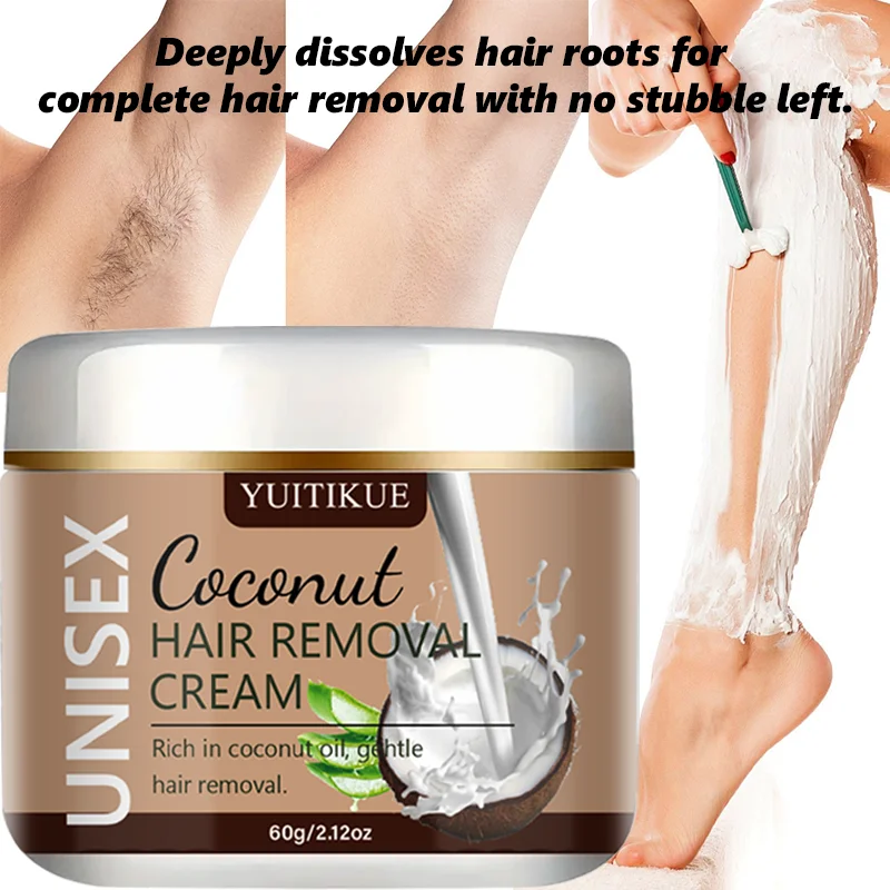 YUITIKUE 60g Coconut Hair Removal Cream, Gentle with Coconut Oil, Painless Depilatory, Silky Smooth Skin
