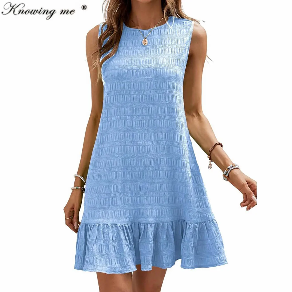 

Women Boho Pleated Mini Dress Summer Elegant Sleeveless O Neck Ruffle A Line Tank Dress Lady Casual solid Beach Party Sundress