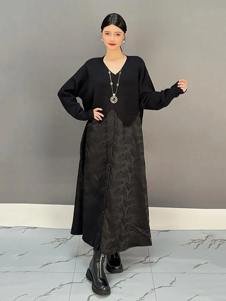 SHENGPALAE Patchwork A Line Dress Women V Neck Full Sleeve Single Button Loose New 2024 Vintage Style Female Dresses 5C1543