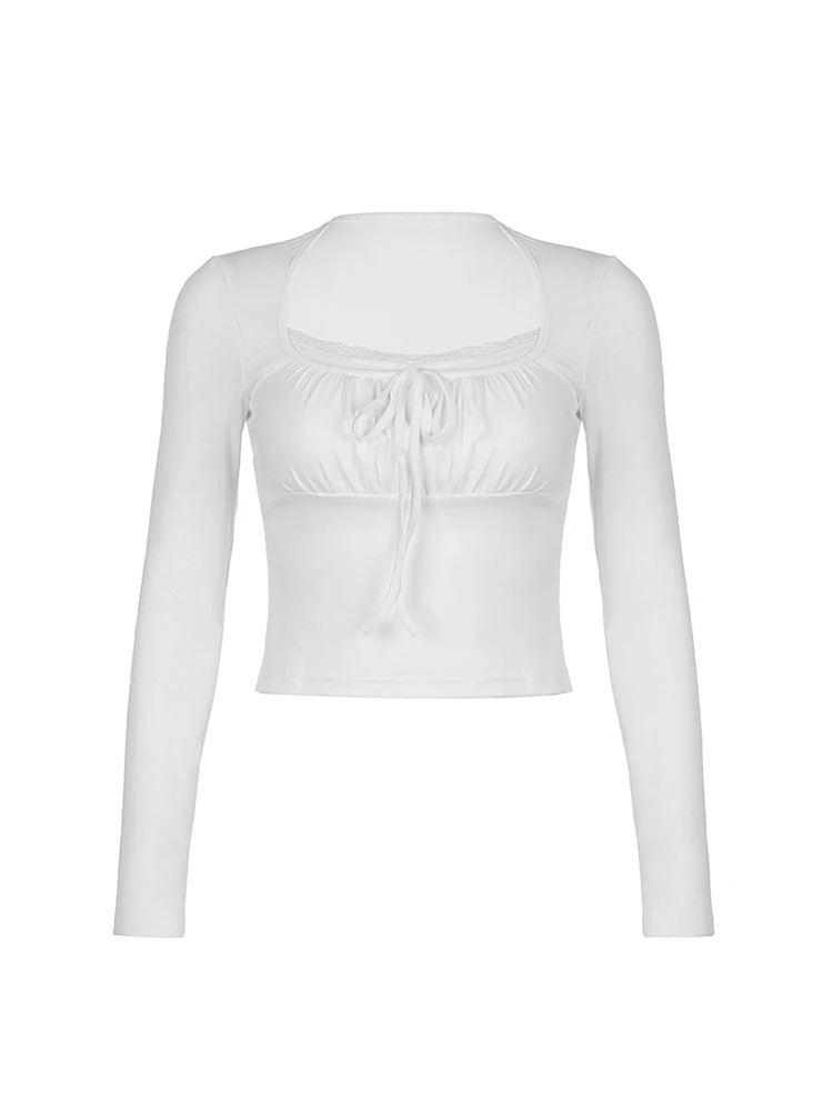 Bandage Folds Square Collar Crop Top Women Fairycore y2k White T Shirts Basic Knitted Elegant Tees Vintage 2000s Clothing image 6
