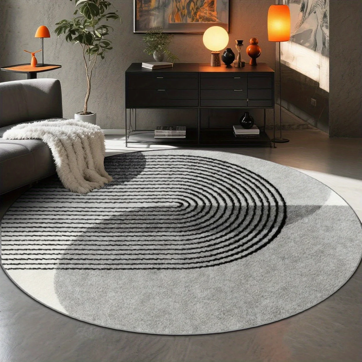 Minimalist Grey Black Concentric Rings Shadow Gradient Round Carpet For Zen Meditation Space Featuring Calm Rhythm Carpet Flow