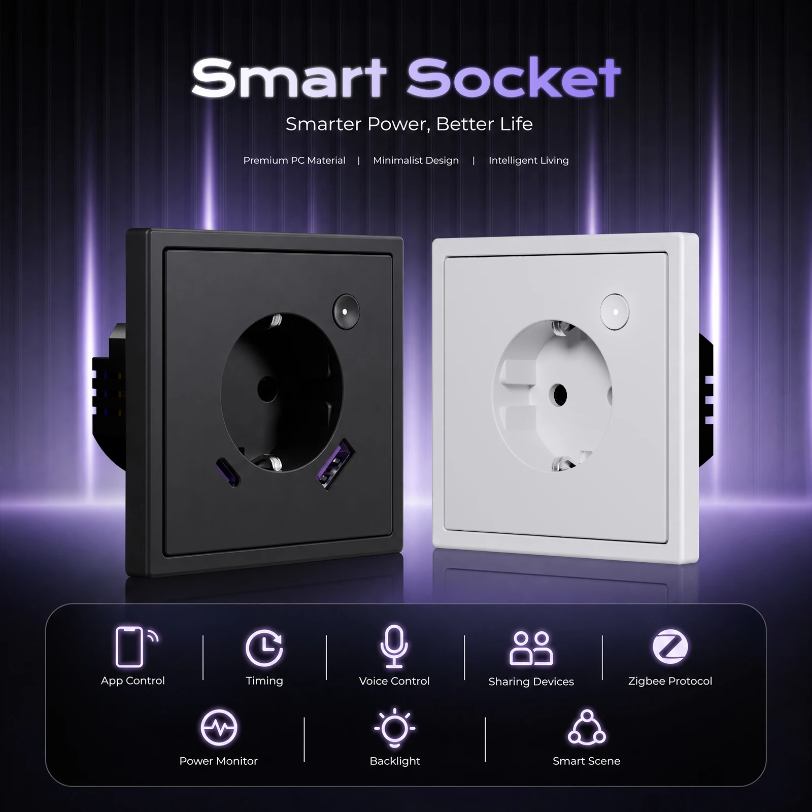 BSEED Single Zigbee Sockets Dual Smart Power Monitor Socket 20W Fast Charge USB Type-C Port Tuya Smart Life APP Control Plastic