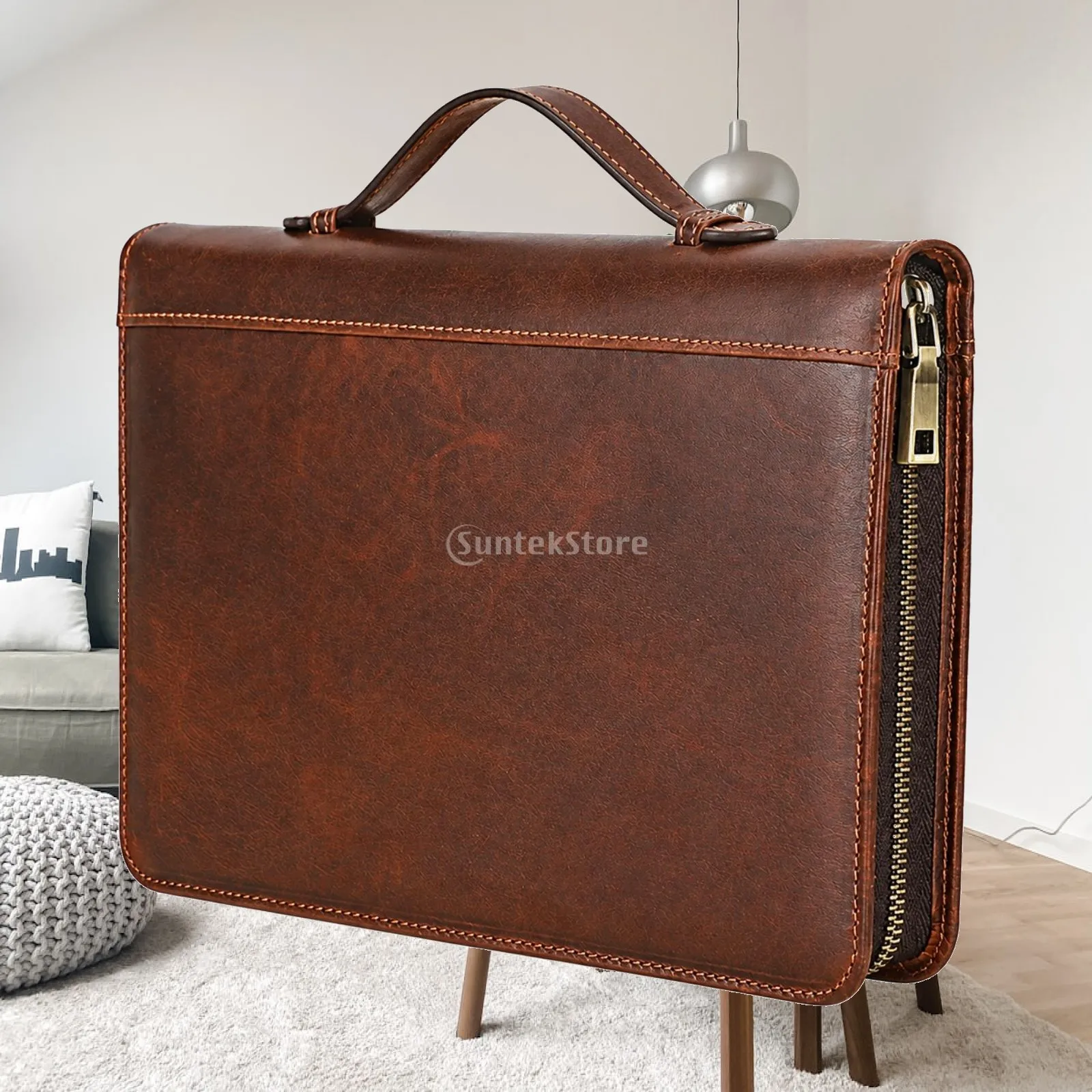 Handmade Brown Leather Journal Cover for A5 Notebook Zip Around Closure with Handle and Pen Holder Travel Organizer