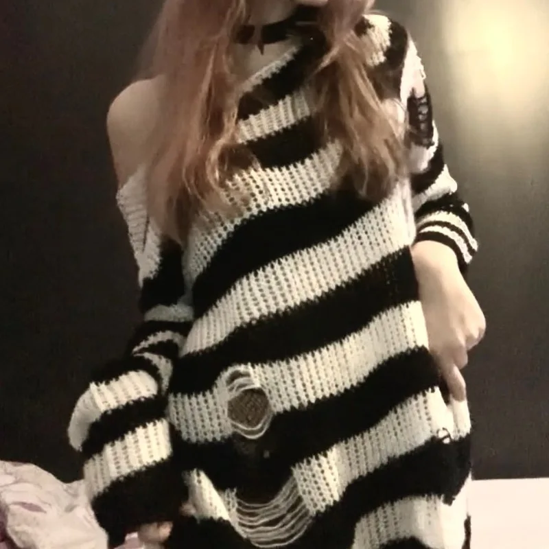 

Women Stripe Pullovers Jumpers Knitted Long Sweaters Holes Round Neck Full Sleeve Loose Fit Y2k Streetwear 2025 Autumn Winter
