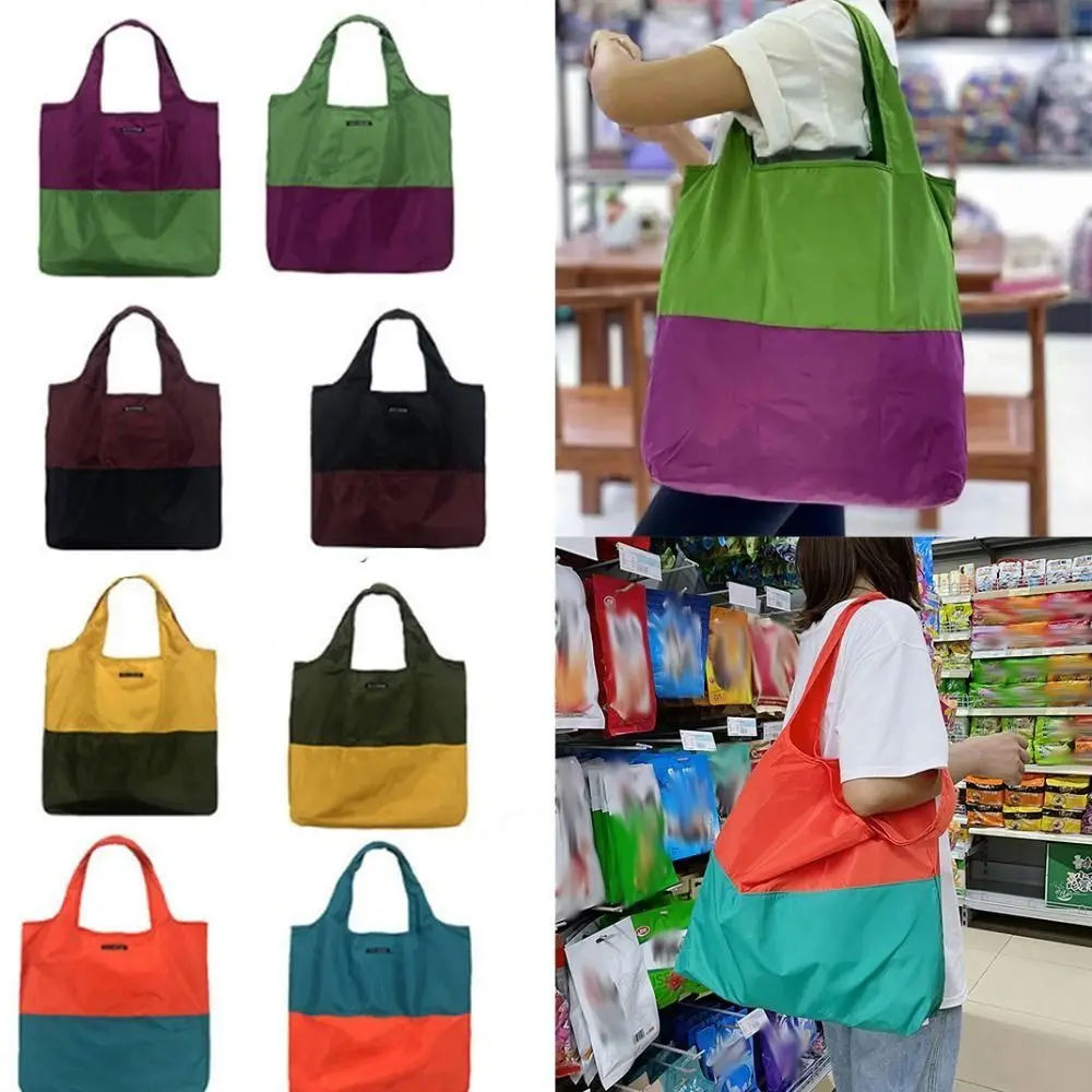 New Foldable Supermarket Shopping Bag Reusable Waterproof Travel Grocery Bag Patchwork Color Clash Eco-Friendly Shoulder Bag