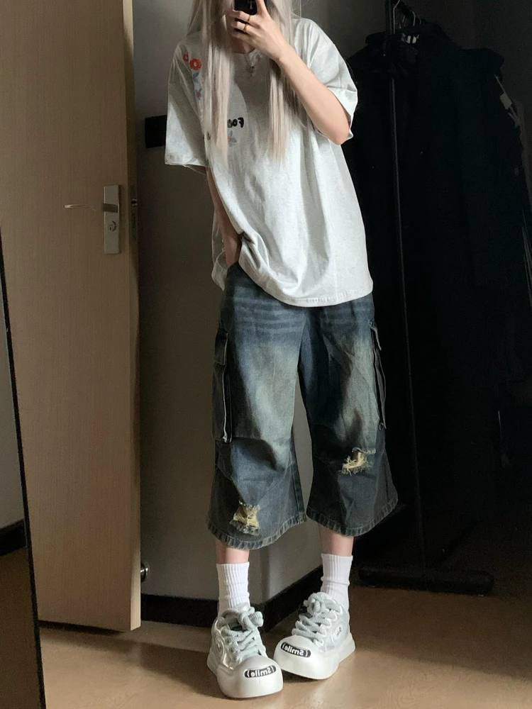 

Retro American Washed Denim Shorts Women's Summer Loose Slim Straight Leg Mid-Length Trendy Workwear Cut-Off High Waist