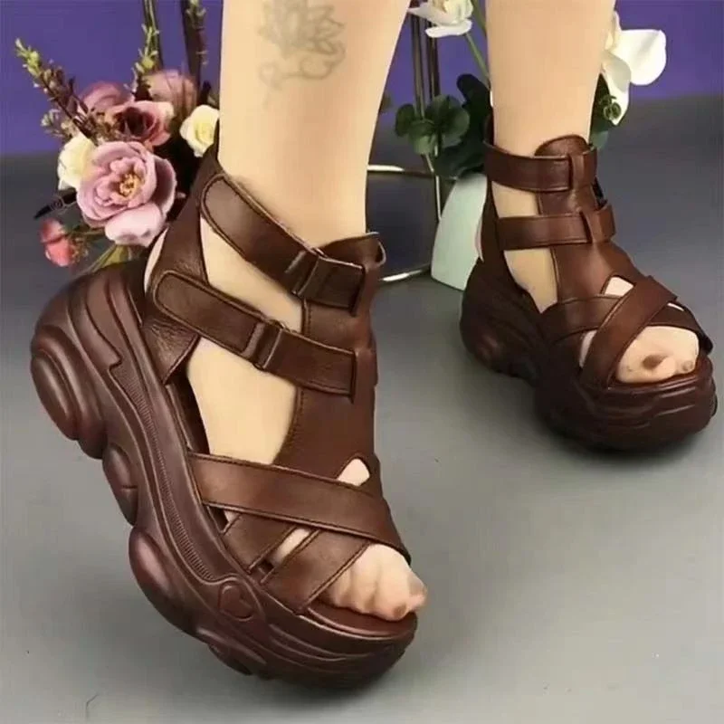 2024 New Roman Style Comfortable Wedge Heel Increase Top Layer Cowhide Vintage Platform Rocking Sandals for Women