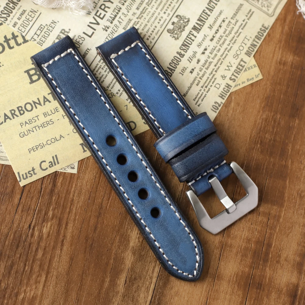 Vintage Handmade Genuine Leather Watchband 20mm Brown Blue Watch Bracelet Vegetable Leather Watch Strap Replacement for Men