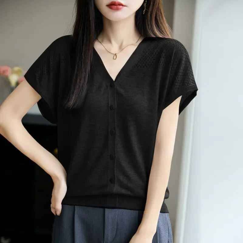 Ropa de mujer, moda de verano, botón coreano, calado, Color sólido, cuello en V, temperamento que combina con todo, mangas voladoras, manga corta