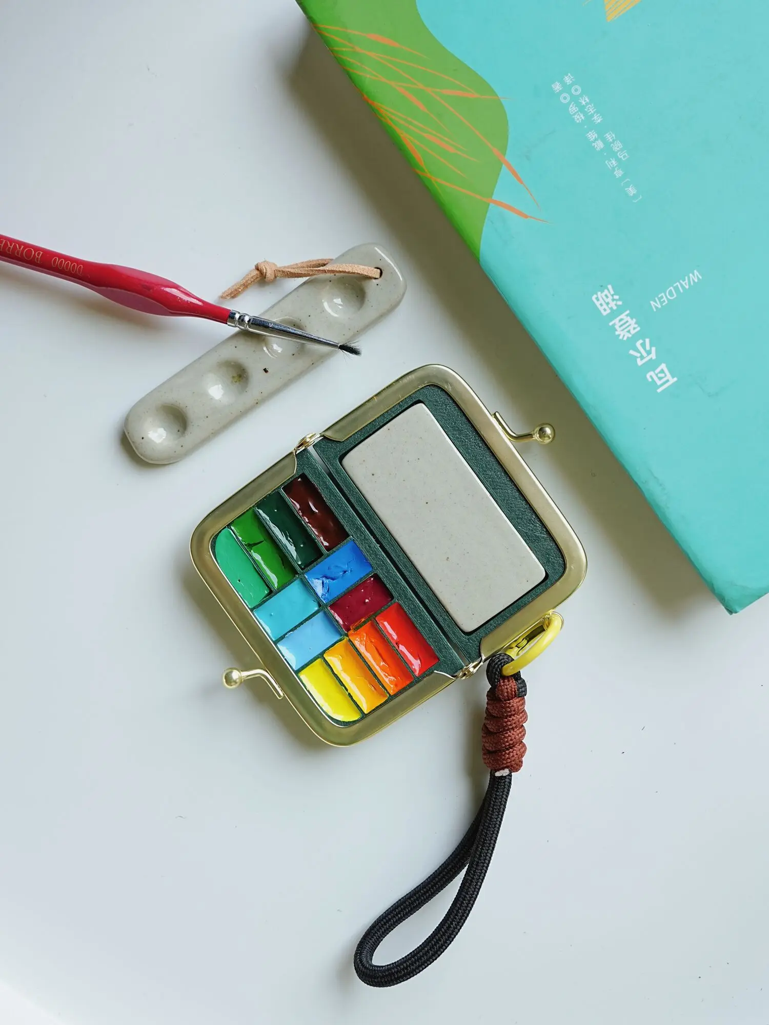 Matte Gold Portable Paint Box With Keyring Handmade Ceramic Palette Watercolor Clip