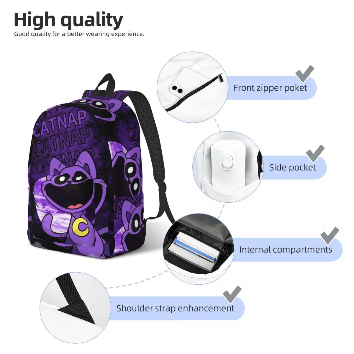 CatNap Smiling Critters Backpack for Boy Girl Kids Student School Bookbag Canvas Daypack Kindergarten Primary Bag Lightweight