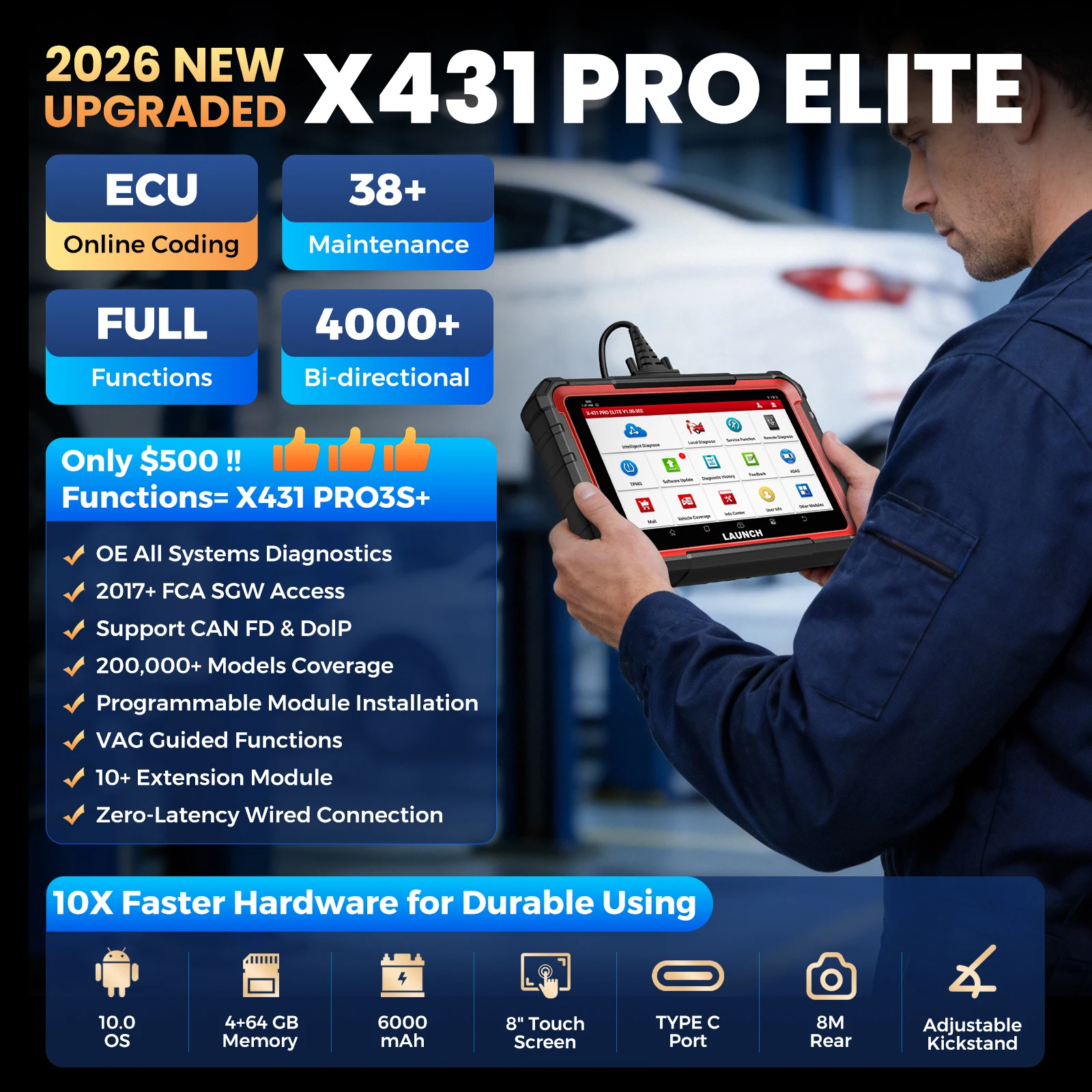 LAUNCH X431 PRO ELITE Car Diagnostic Tools For All Systems CANFD DOIP FCA All Service ECU Coding Bidirectionnal OBD2 Scanner