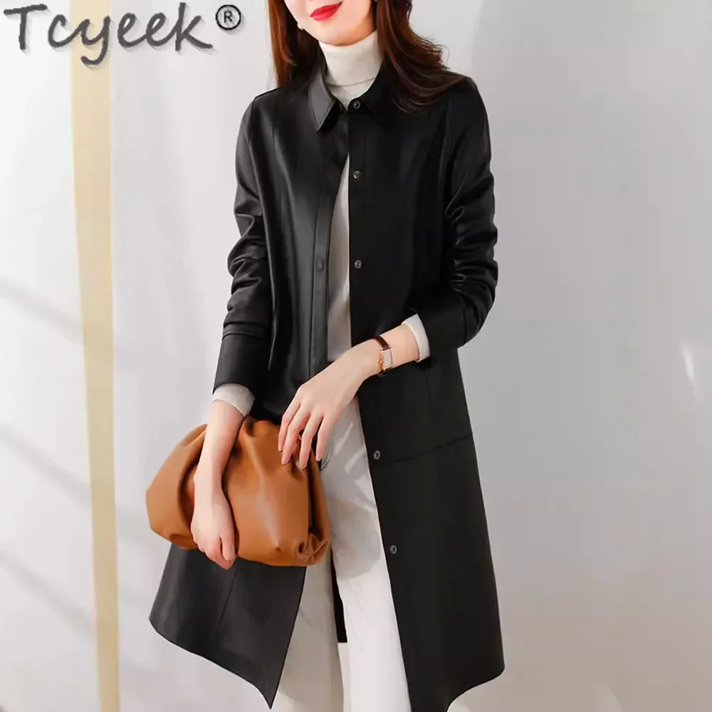 Tcyeek Genuine Leather Sheepskin Coats Mdi-length Trench Coat for Women Autumn Clothes Slim Fit Women's Leather Jacket New Style