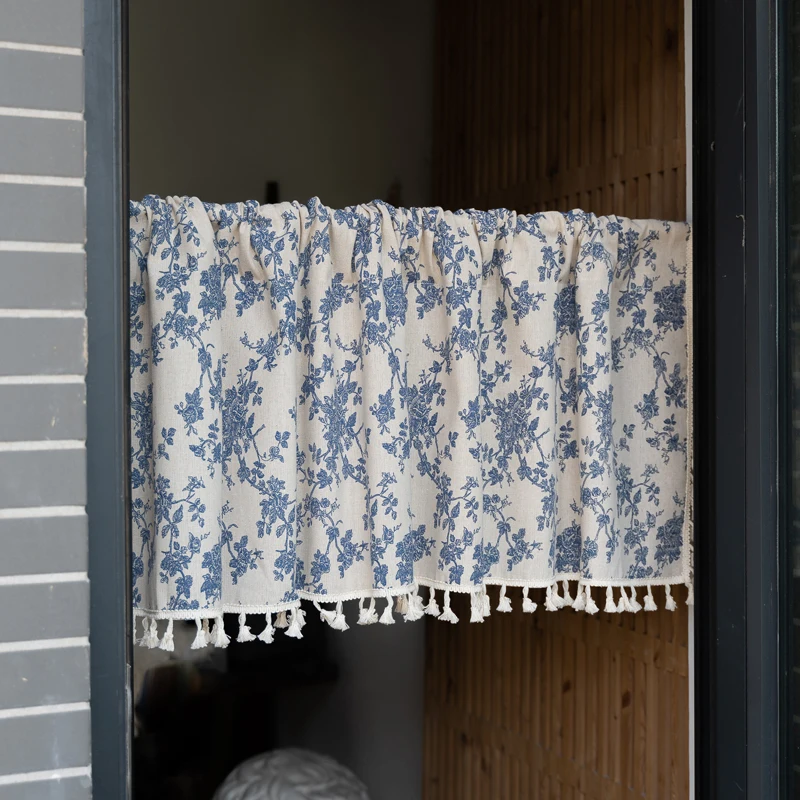 Floral Print Cafe Curtain Window Valance Blue White Cotton Linen Semi Sheer Tassel Short Curtain No Drill Boho Rod Pocket