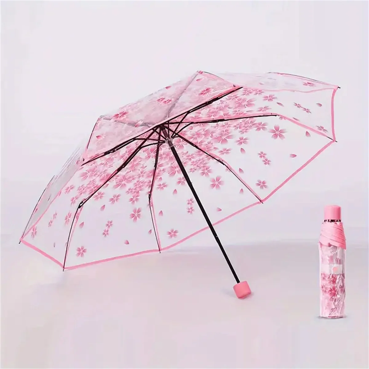 Korean Umbrella Folding Cute Korean Mini Fresh Simple Sen Series Trifold Cherry Blossom Transparent Japanese Umbrella