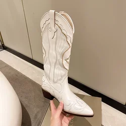 Beige Western Cowboy Embroidery Boots Women's Retro Pointed Toe Block Heel Boots Woman Knee-high Splicing V-Shape Half Boot Shoe