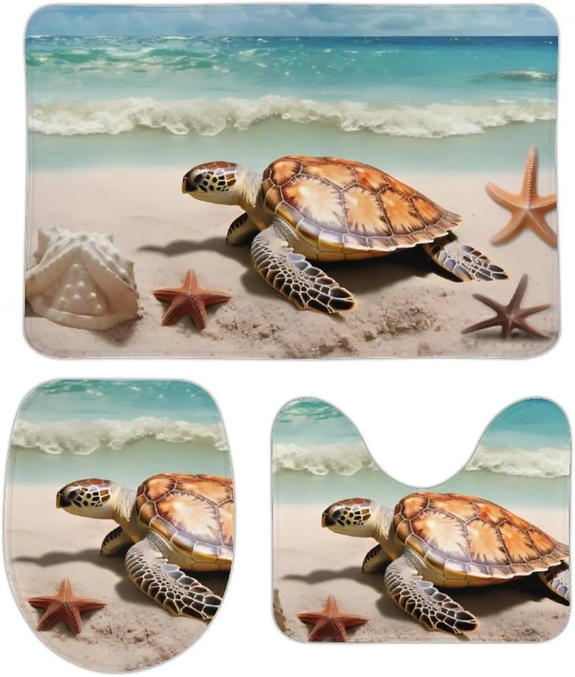 3 Piece Bath Rug Set Non Slip Absorbent Bath Mat Contour Mat with Toilet Lid Cover Sea Turtle Starfish Soft Floor Mats for
