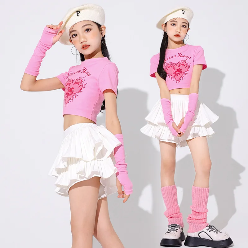 New Girls Jazz Dance Clothes Kpop Cheerlead Dance Outfits Kids Pink Tops White Skirt Catwalk Clothing Teenagers Stage Costumes