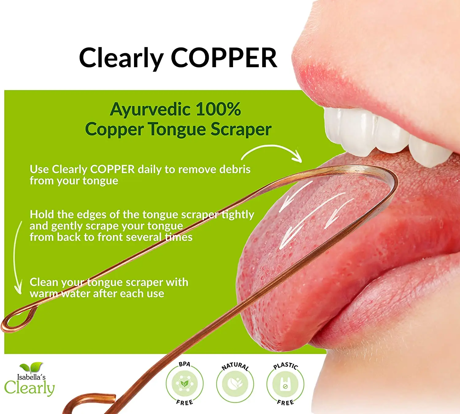 Tongue Scraper Cleaner 100% Pure Heavy Duty Copper Built to Last BPA Free Natural Oral Care and Bad Breath Remedy