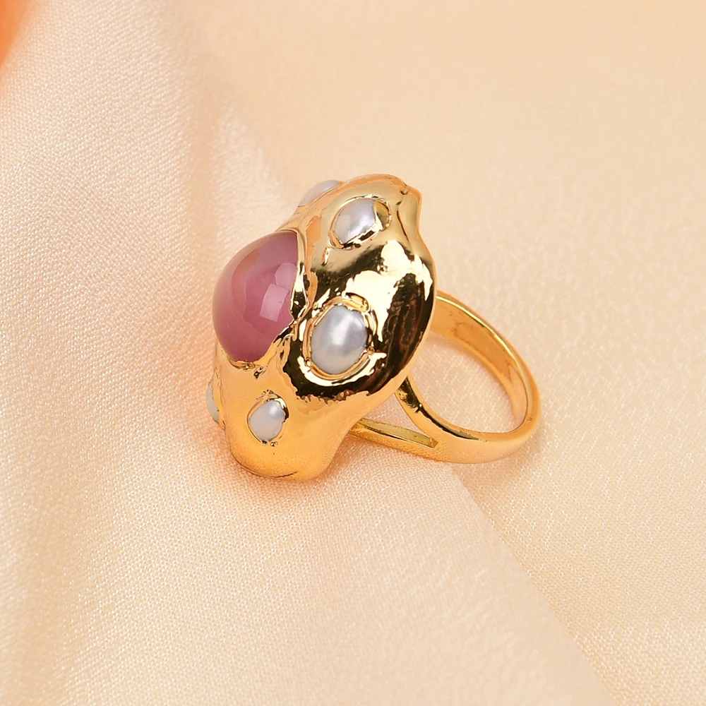 GG Natural Pink Cat Eye Stone Gold Edge Plated White Pearl Paved Rings Adjustable Gem Rings For Lady Gifts