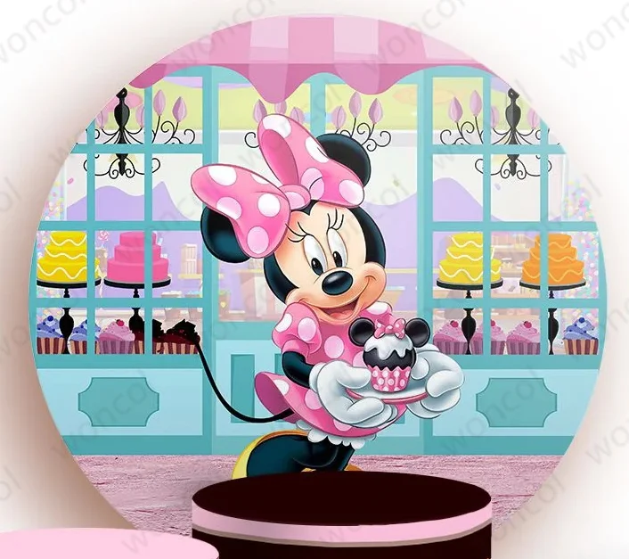 Minnie Mouse Round Backdrop Girl Birthday Baby Shower Backdrop Cake Shop Minnie Mouse Cylinder Cover Decoration Photography Prop