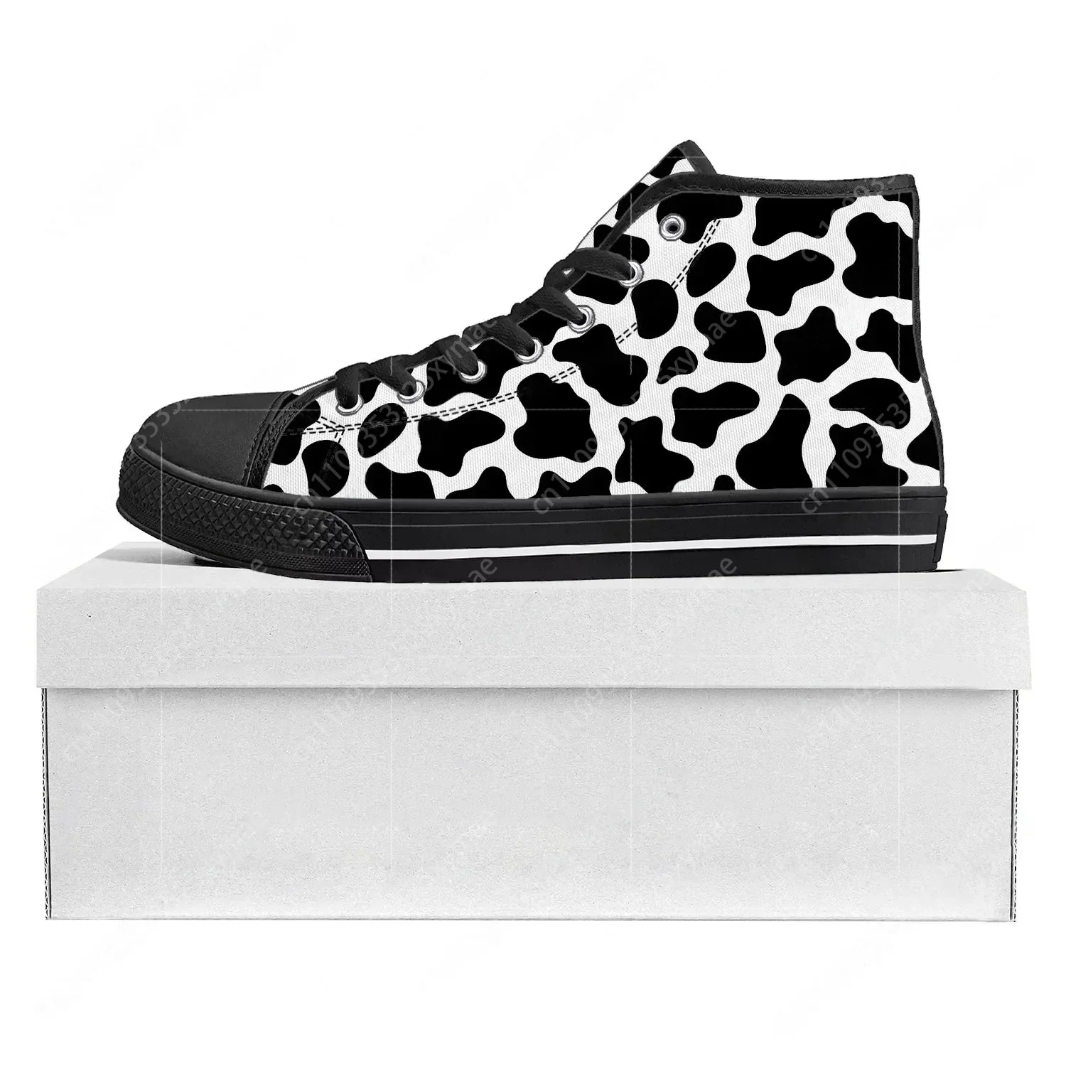 Cow Print 3D Pattern High Top High Quality Sneakers Mens Womens Teenager Canvas Sneaker Black White Printed Couple Custom Shoe
