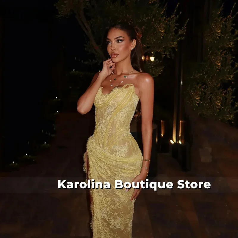 

Yellow Lace Evening Dress Sweetheart Sexy Mermaid Prom Gowns Lace Up Long Formal Occasion Dresses Customized