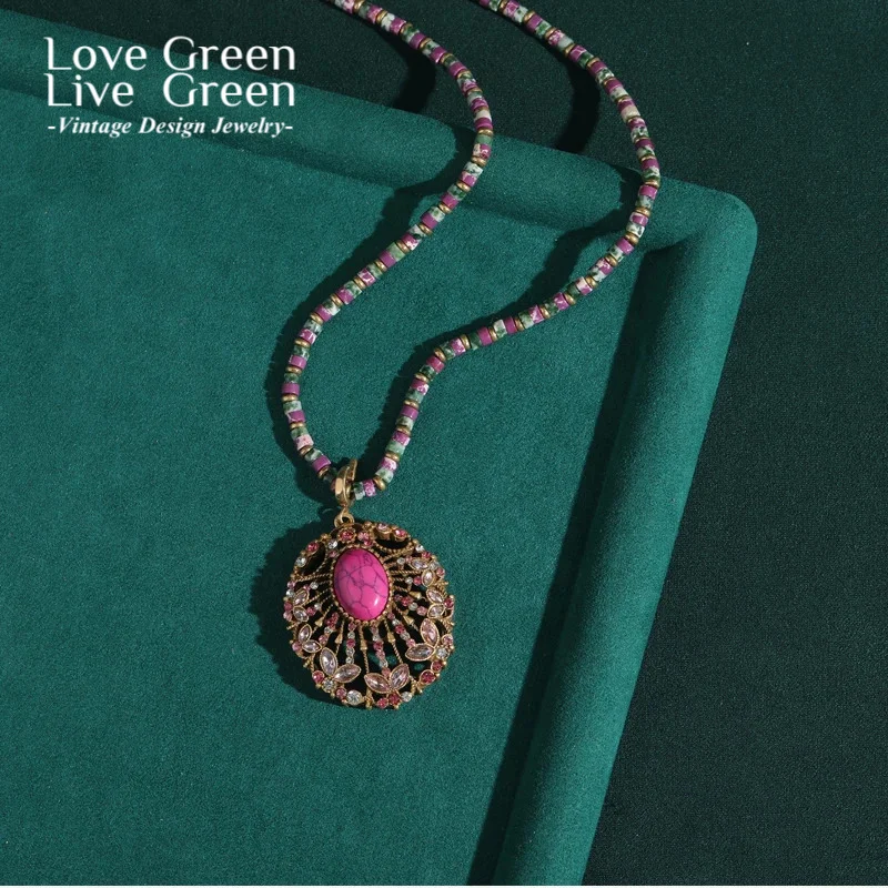 

Bohemian Jewelry Vintage Rose Red Accessories Woman Necklace Natural Stone Leaf Hollow Beaded Chain Pendant Charm Antique 2025