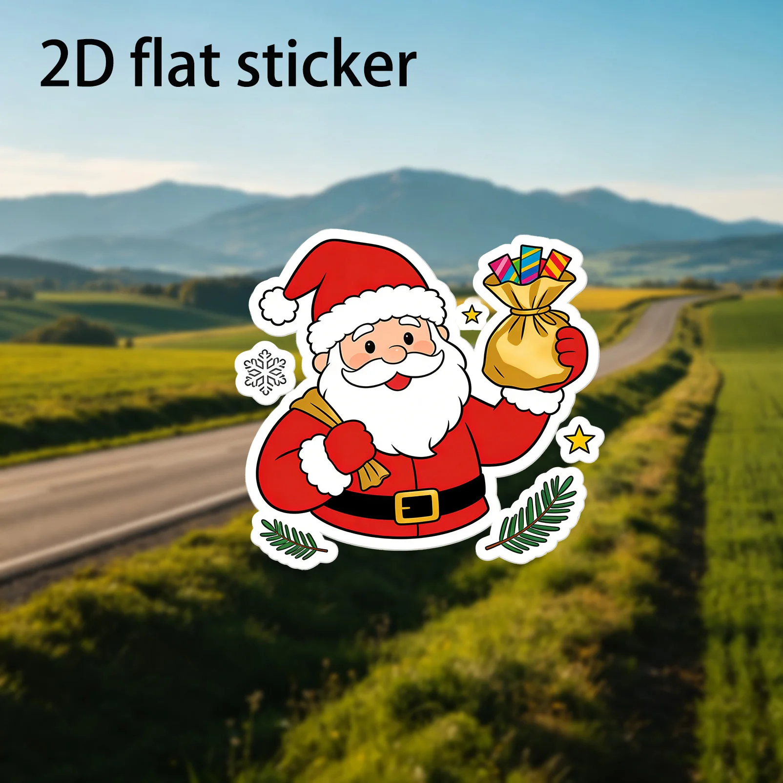 Car sticker featuring a half-body image of Santa Claus surrounded by pine branches, snowflakes, and stars, with colorful ribbons