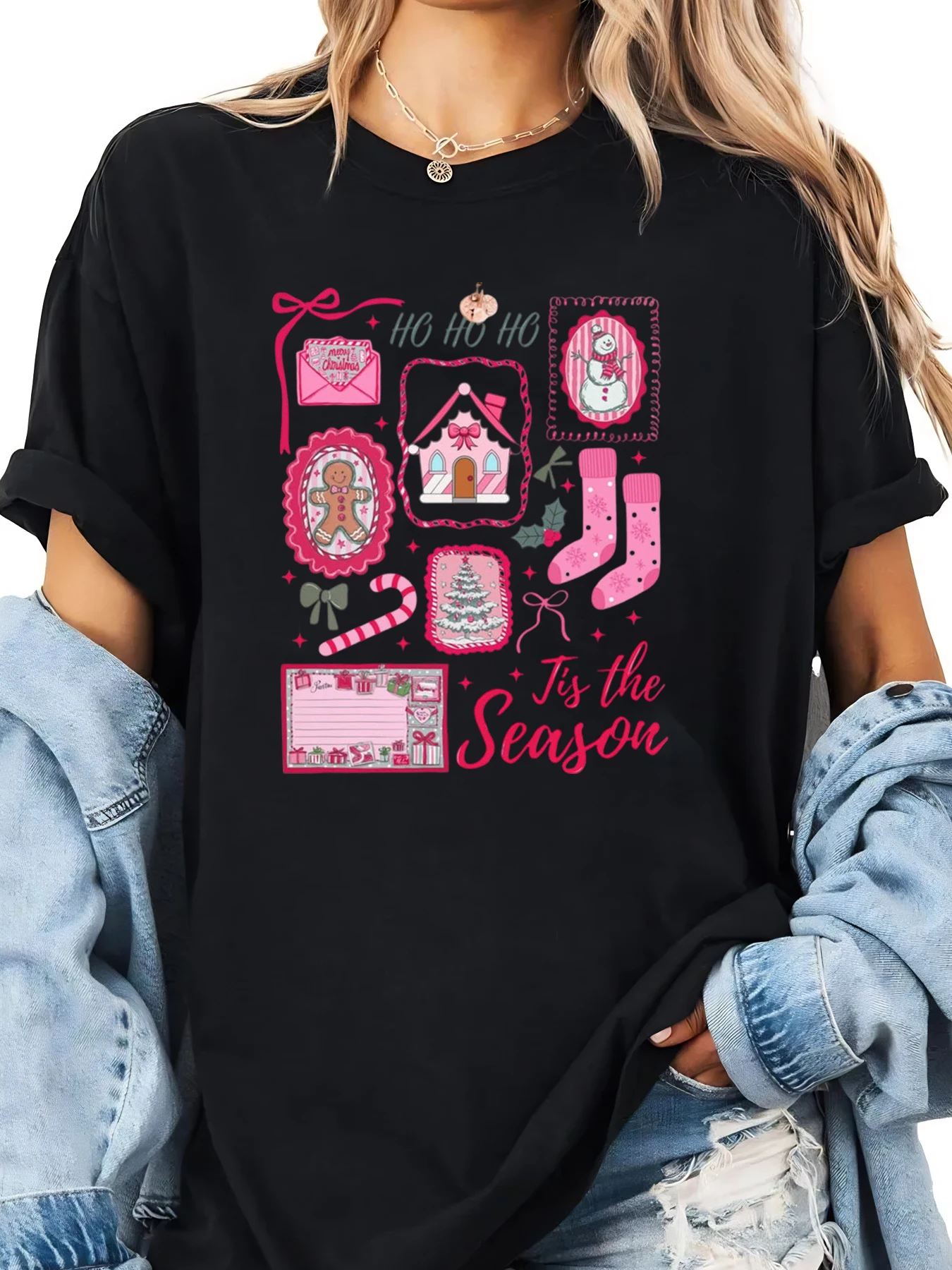 عيد الميلاد الوردي عطلة الرموز طباعة تي شيرت المرأة عادية الشتاء احتفالي ارتداء أسود حجم كبير #1