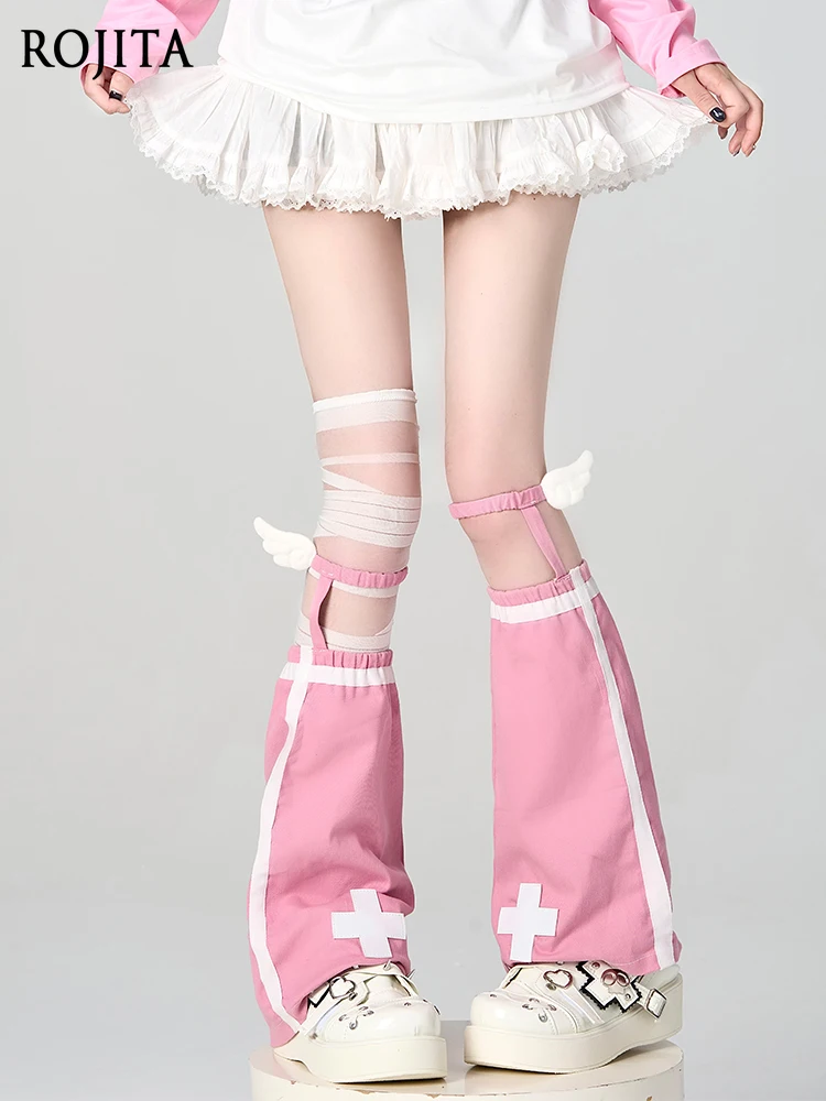 

Розовые гетры, летние Y2K Cross Punk Pink Lolita Light Aqua Anime Wings, сложенные носки с галстуком, все сезоны
