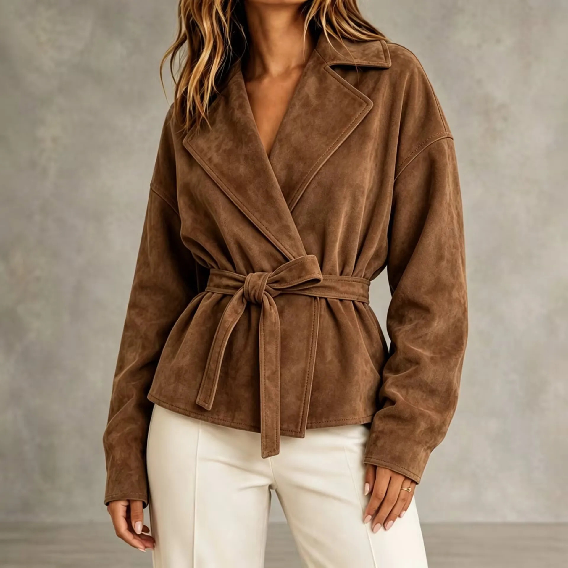 New Women's Notched Collar Faux Leather Jacket With Belt Casual Commuter Trendy Versatile Loose Fit Daily Wear Fashion Outerwear