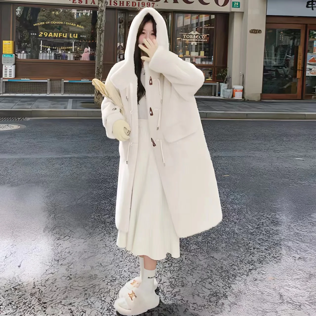 Faux Lamb Fur Coat for Women, Horn Button, Long Jacket,Thick Warm Clothes,Hooded,Preppy Style, Autumn and Winter, 2024