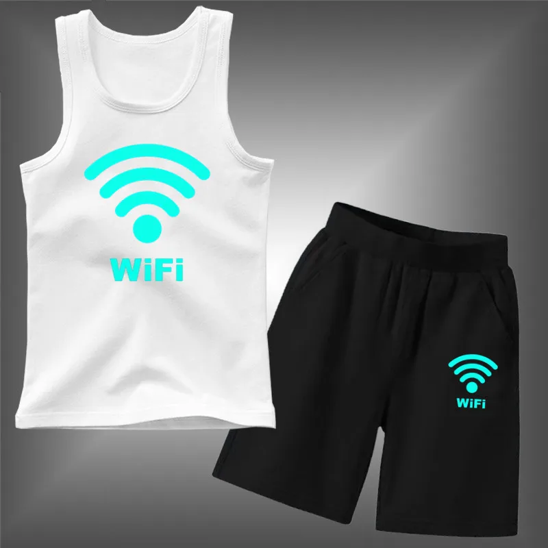 Boys Sports Vest Suit Kids Lumionous Wifi Printed Running Sleeveless T-shirt+Pocket Shorts Two Piece Set Glowing Clothing Outfit