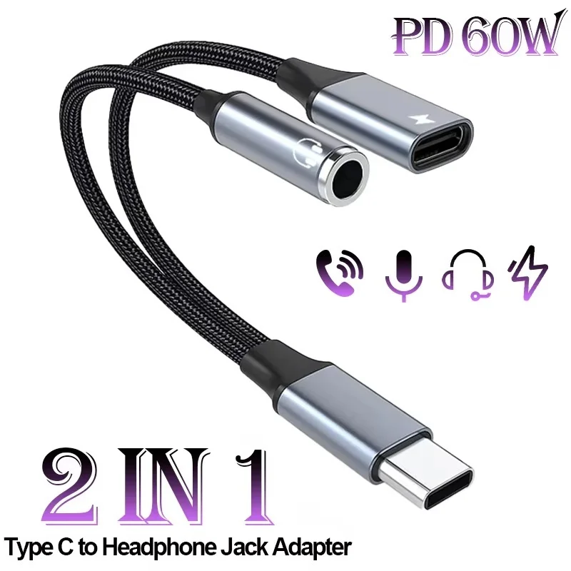 2 In 1 Type C to 3.5mm Headphone Charger Adapter USB C Port to 3.5mm Aux Audio Jack Fast Charging Dongle Cable For Huawei Xiaomi