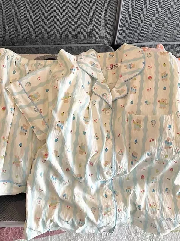 

Summer ort Sve Cloud Cotton Pajamas Women's Home Clothes Set Bear Cartoon Print Spwear Thin Fabric Easy to Wear