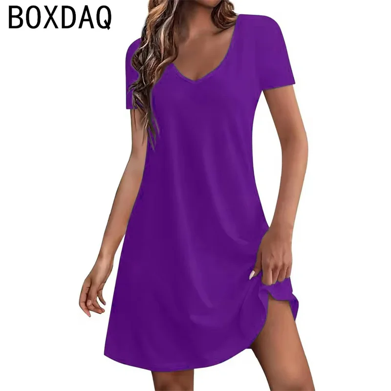Robe d'été pour femmes, couleur unie, unie, ample, col en v, manches courtes, décontractée, ligne a, robe de plage, de vacances